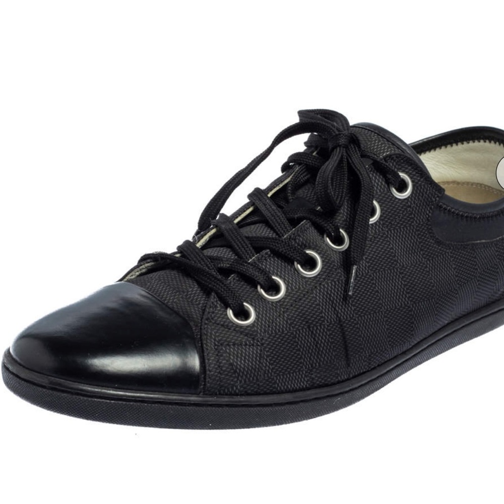 Louis Vuitton Graphite Damier Nylon|Black Leather Cap Toe Sneakers Size 7.5 Mens - Picture 3 of 12